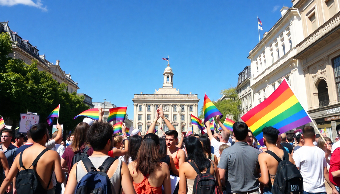 Crowd waving rainbow flags promoting LGBTQIA+ supportive clothing brands at an outdoor pride event