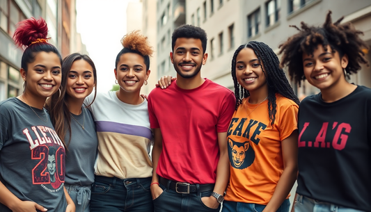 Group of diverse young adults wearing LGBTQIA+ inclusive clothing smiling outdoors in city setting