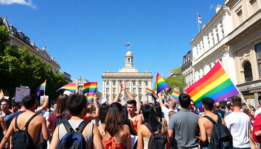 Crowd waving rainbow flags promoting LGBTQIA+ supportive clothing brands at an outdoor pride event