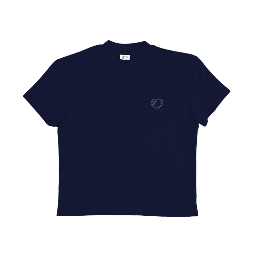 Bro Code navy blue gender-affirming clothing tee with small heart design on chest