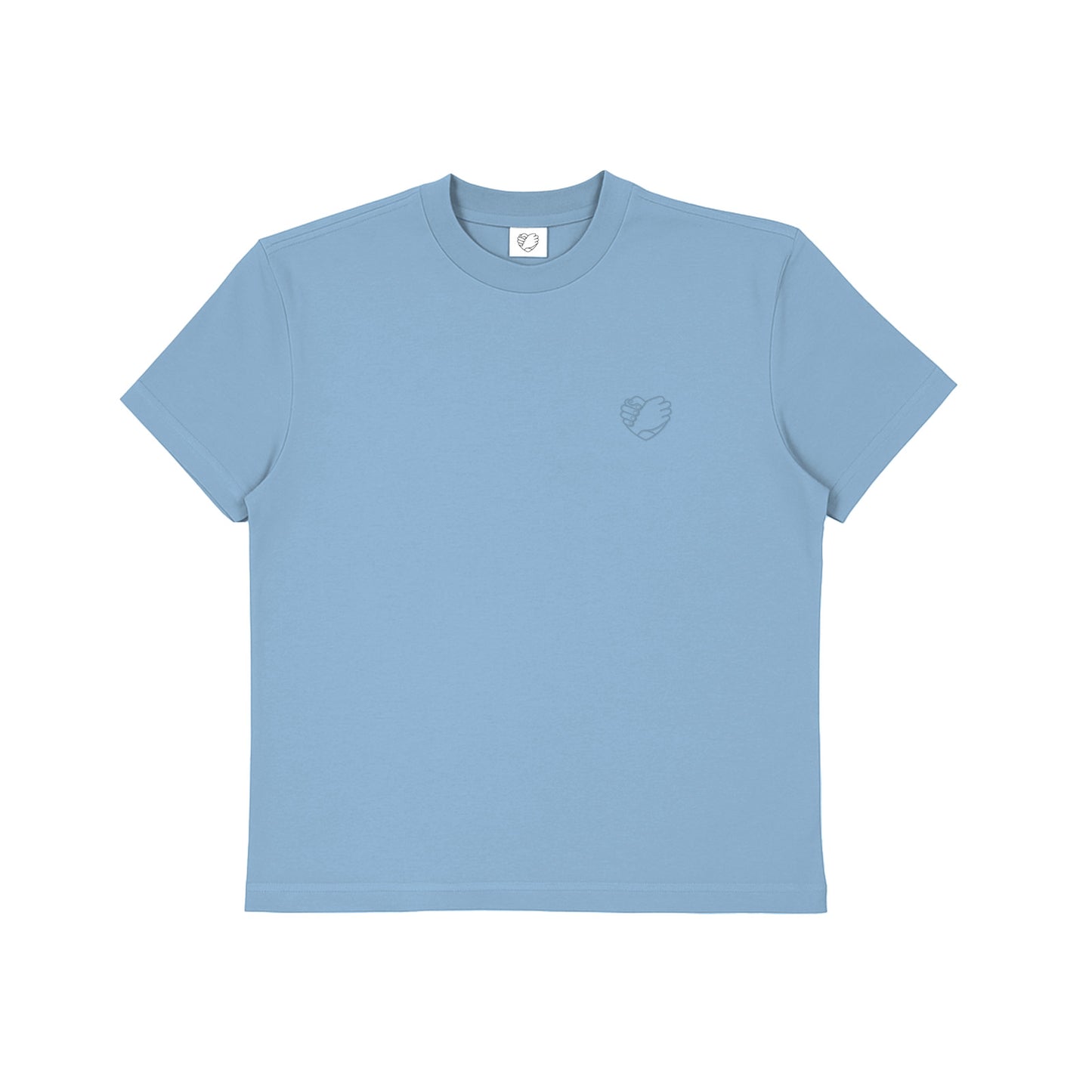Bro Code light blue gender affirming masculine tee with a small heart logo on the chest