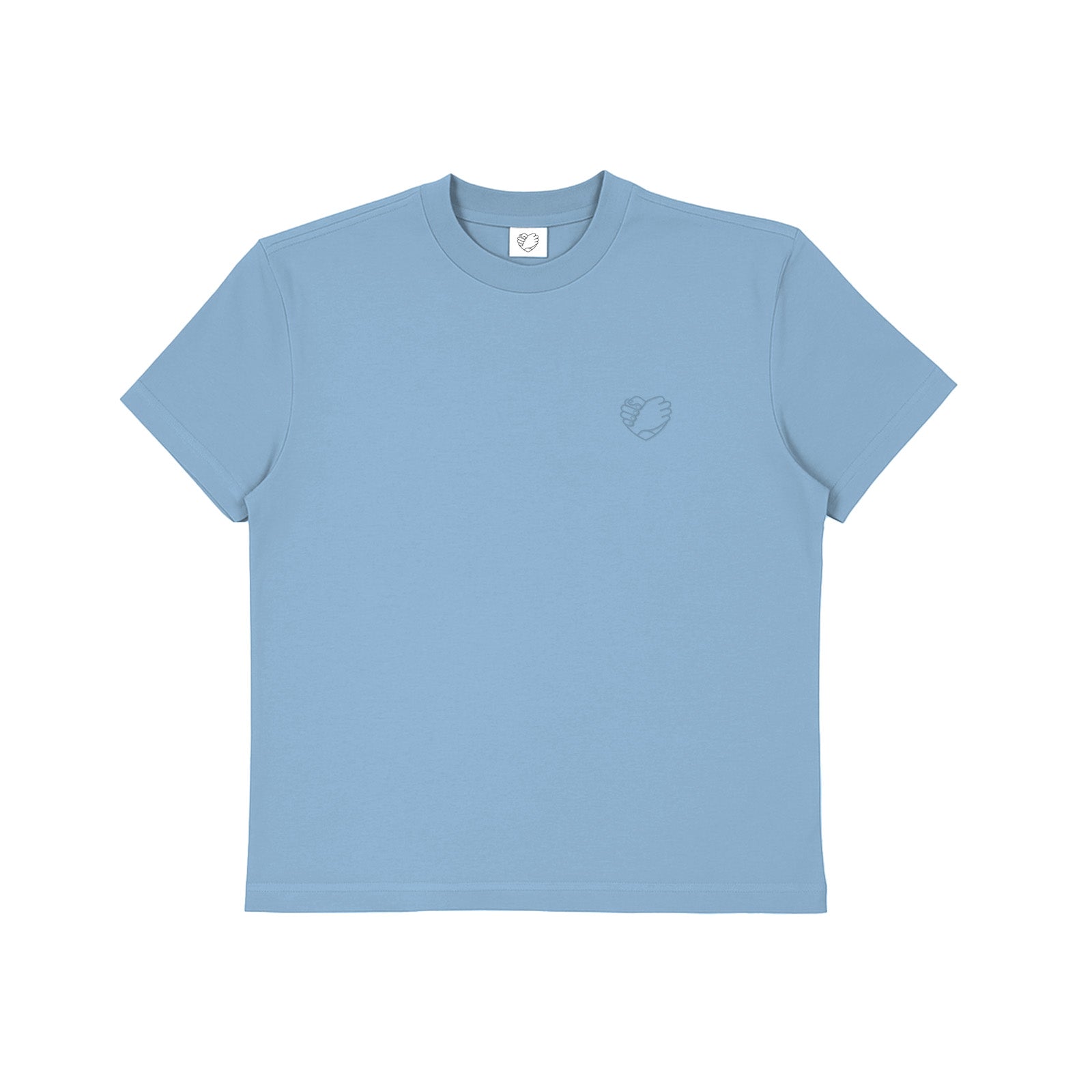 Bro Code light blue gender affirming masculine tee with a small heart logo on the chest