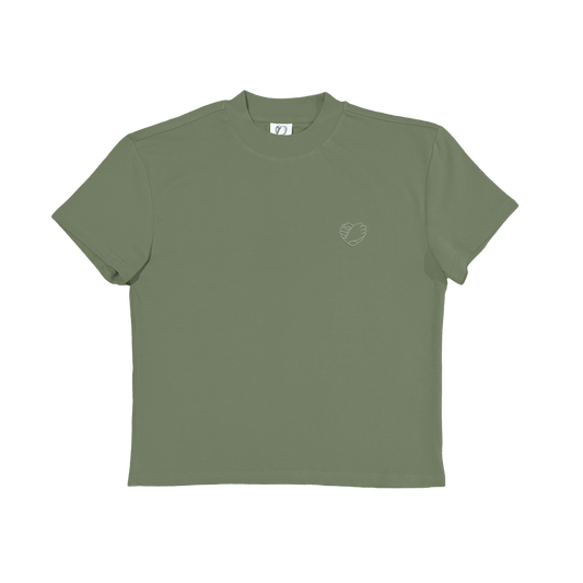 Bro Code Gender Affirming Sage Tee in muted green with small heart emblem on chest